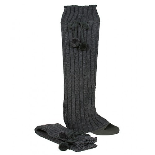 Knit Leg Warmers w/ Drawstring Pompom - Dark Gray - SK-F1005DGY